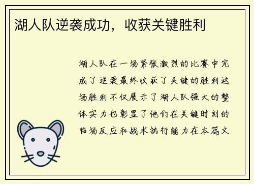 湖人队逆袭成功，收获关键胜利