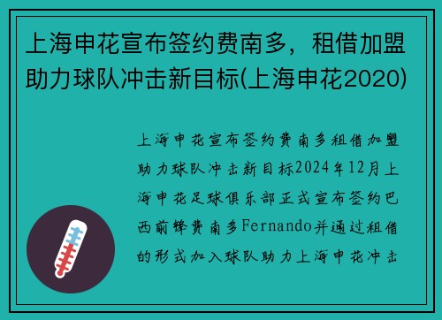 上海申花宣布签约费南多，租借加盟助力球队冲击新目标(上海申花2020)