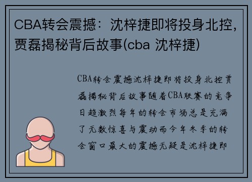 CBA转会震撼：沈梓捷即将投身北控，贾磊揭秘背后故事(cba 沈梓捷)