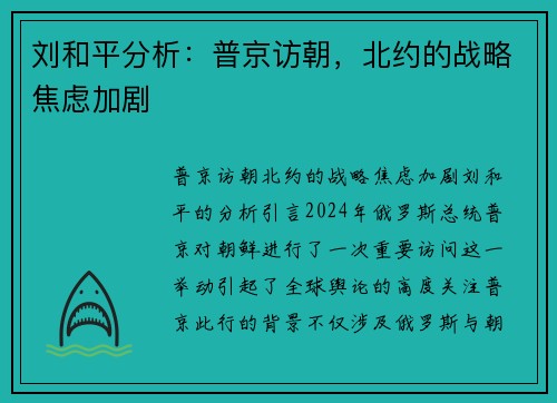 刘和平分析：普京访朝，北约的战略焦虑加剧